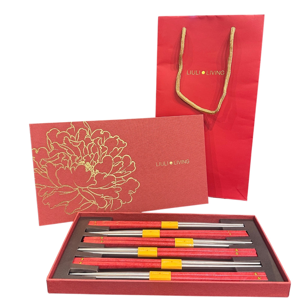 箸福(6雙筷子組金牡丹紅色禮盒)（筷子,餐具）