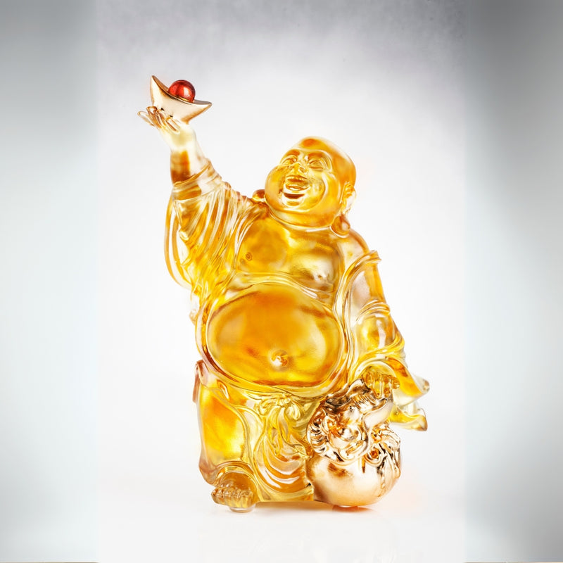 Crystal Sculpture Happy Laughing Buddha, Joy Born from a Compassionate Heart (24K Gold Leaf)