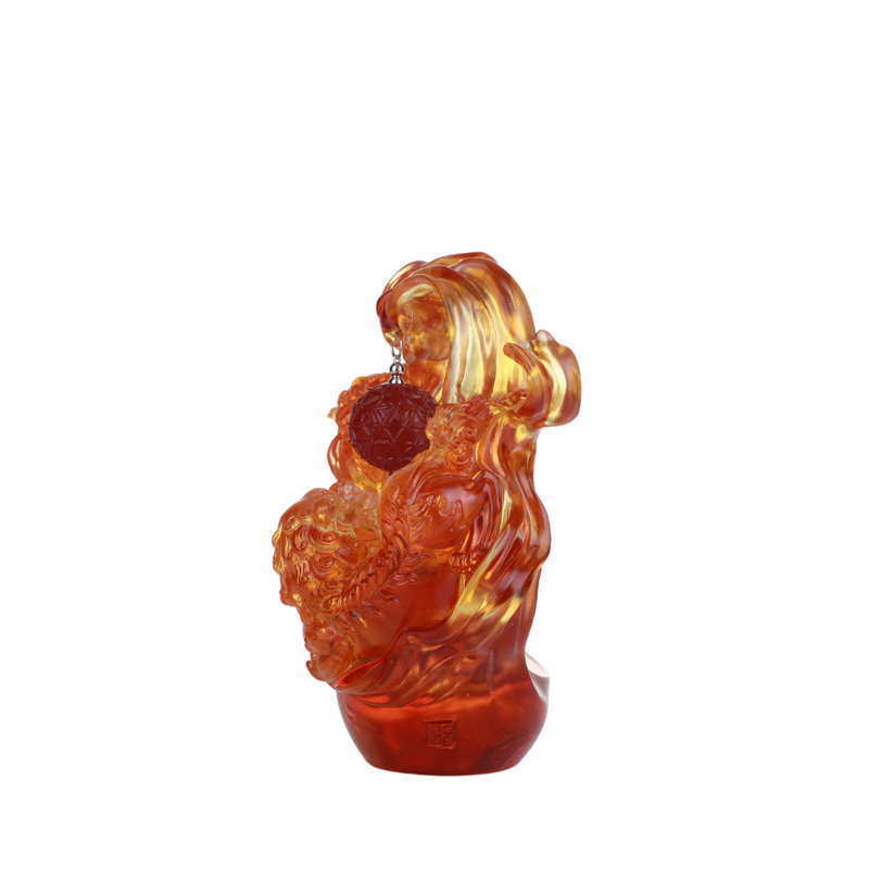 LIULI Foo Dog, Chinese Guardian Lion, Crystal Sculpture, Embroidered Lion Dance