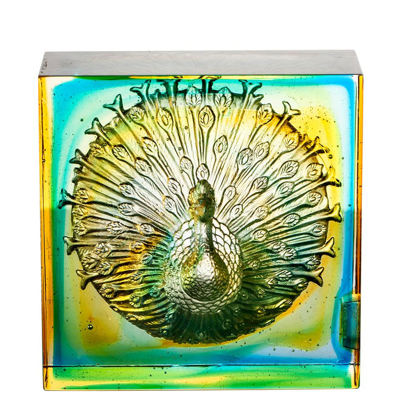 Crystal Paperweight, Peacock, A Radiant Heart - LIULI Crystal Art