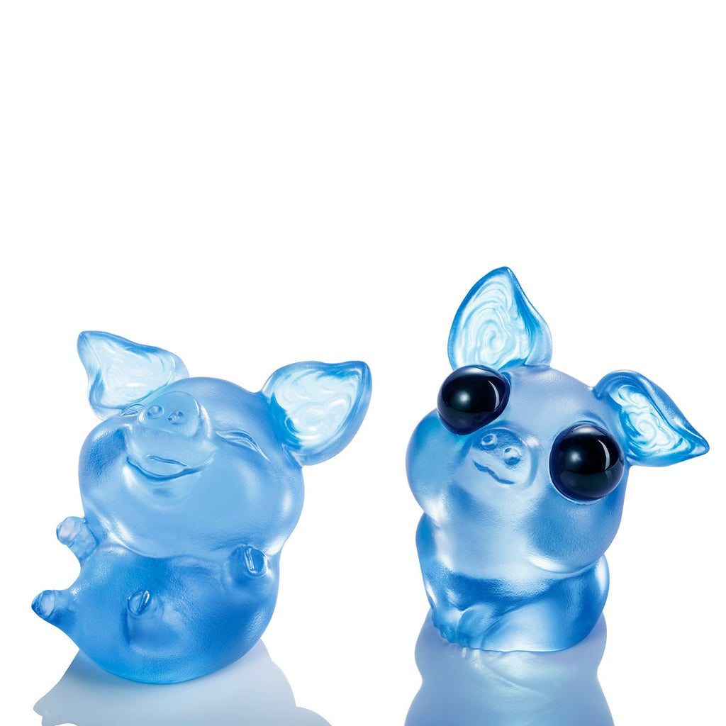 LIULI Chinese Year of the Pig Crystal Sculpture, One and the Same- Happy Go Lucky