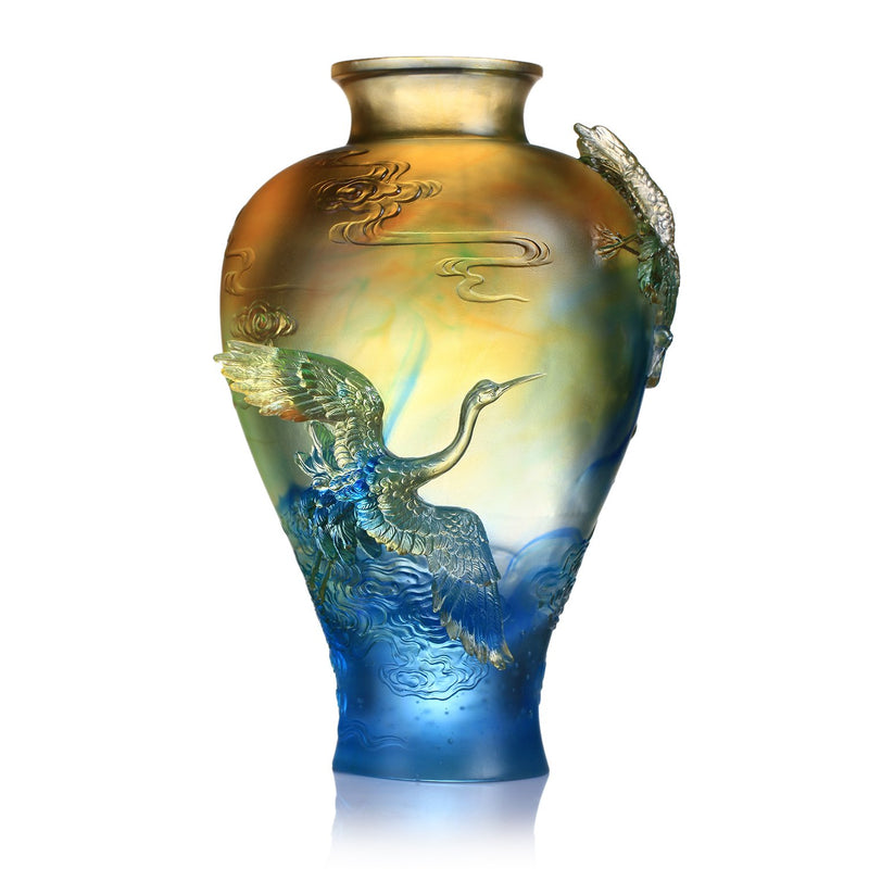 Crystal Floral Vase, Crane, Flight of Legacy - LIULI Crystal Art