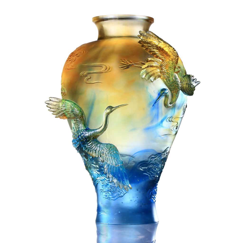 Crystal Floral Vase, Crane, Flight of Legacy - LIULI Crystal Art