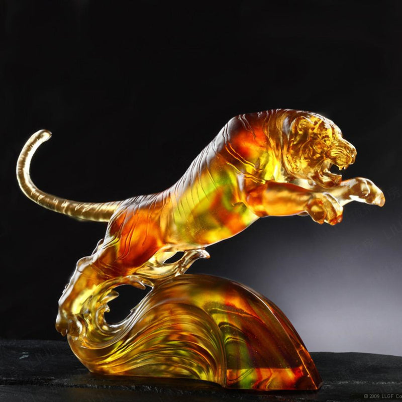 Crystal Animal, Tiger, In Flight Over Water and Moon - LIULI Crystal Art