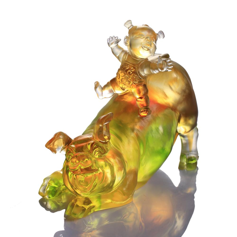 Crystal Animal, Baby Doll Riding Pig, Happy Together - LIULI Crystal Art