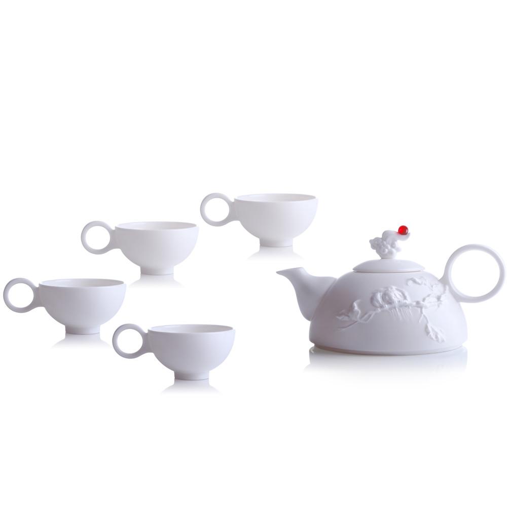 - Bone China Tea and Coffee Set (1 Tea Pot & 4 Cups) - Autumn Mountain (Set of 5) - LIULI Crystal Art