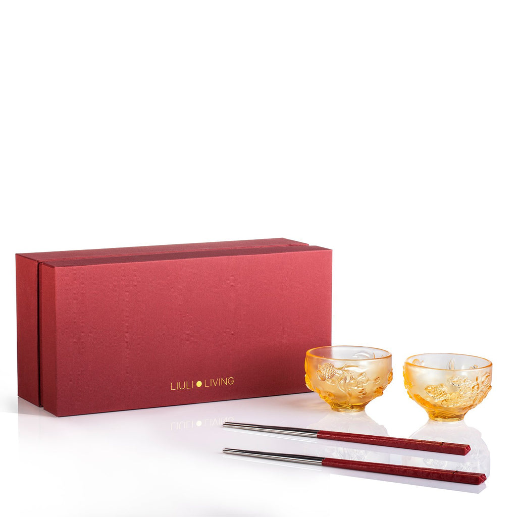 LIULI Crystal Goldfish Bowl, Peony Chopsticks Set, The Joy of Fish